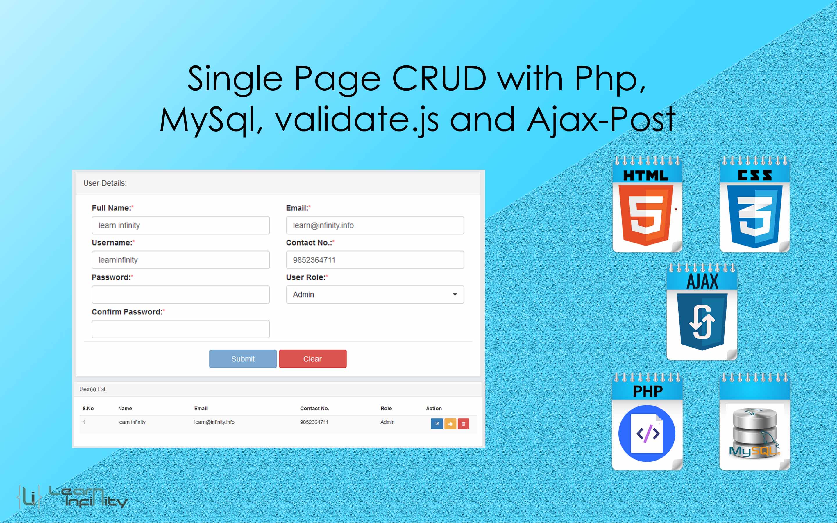 Single Page CRUD with Php, MySql, validate.js and Ajax-Post